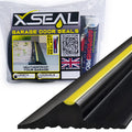 Black corrugated garage door seal strips with a yellow center stripe, shown in front of their retail packaging. The packaging features the brand name 'XSEAL' and includes a tube of sealant.