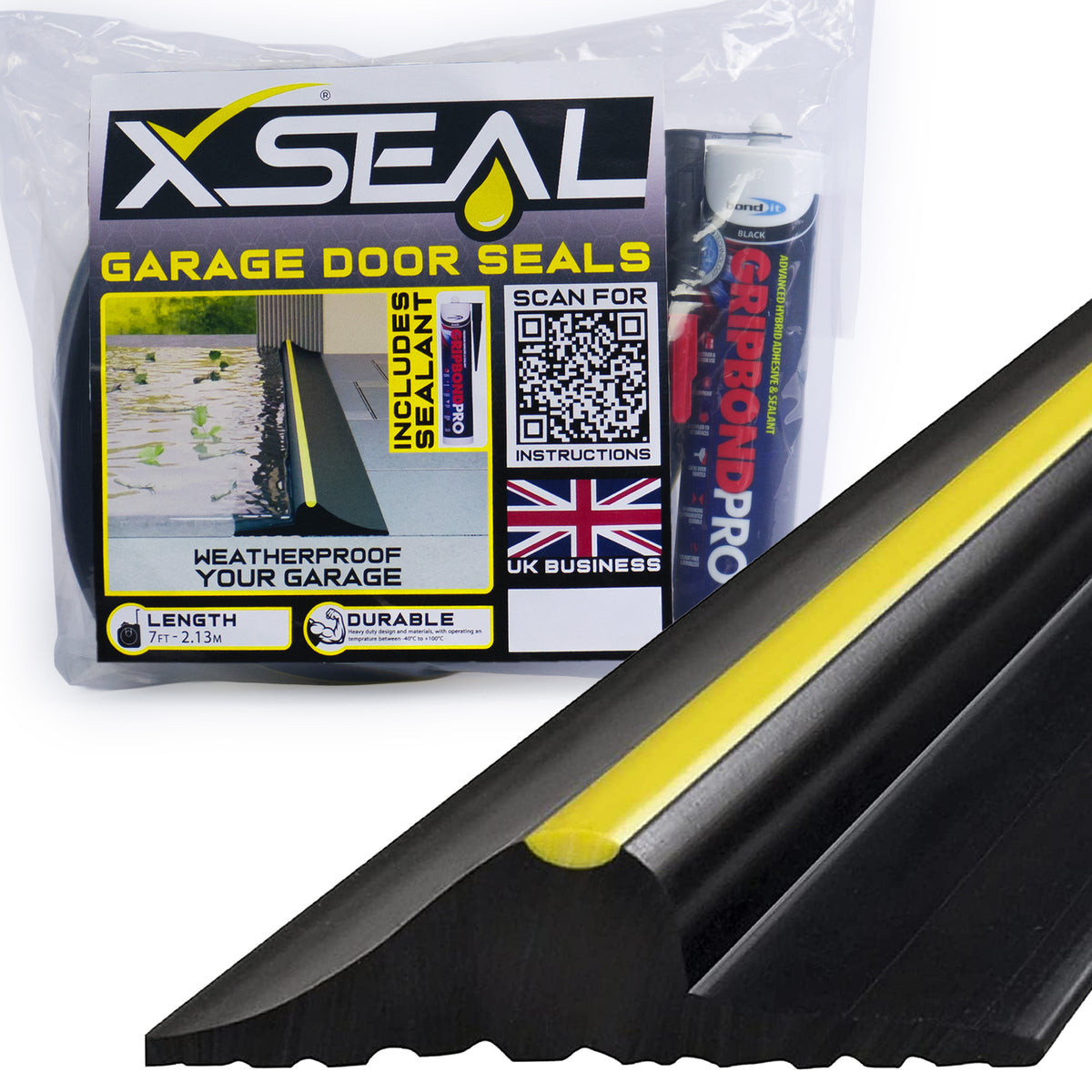 Black corrugated garage door seal strips with a yellow center stripe, shown in front of their retail packaging. The packaging features the brand name 'XSEAL' and includes a tube of sealant.